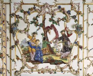 Figure 2. Real Fabbrica di Capodimonte, Porcelain room of Maria Amalia of Saxony (detail), 1757–59, Naples. Painted porcelain and stucco. Museo e Real Bosco di Capodimonte, Ministero della Cultura. Photo by Luciano Romano courtesy of Museo e Real Bosco di Capodimonte, Ministero della Cultura.