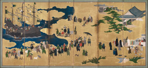 “Southern Barbarians Come to Trade,” attributed to Kano Naizen, circa 1600, from the Edo period in Japan; in ink, color, gold and gold leaf on paper. Credit Museum of Fine Arts, Boston