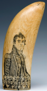 Unknown Scrimshander, Sperm Whale Tooth decorated with Portrait of James Biddle and Vessel, c. 1830– 1860, Photograph courtesy of the Winterthur Museum.