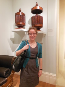 Alexandra in front of a set of Baltimore-made knife boxes in the collection of the Metropolitan’s American Wing.