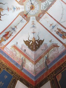 Detail of the painted entry hall ceiling at the Palazzina Cinese in Palermo