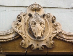 Wild boar’s head on private house in Colmar.