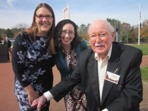 Christie Jackson, Curator OSV, and Kate Swisher, Decorative Arts Trust Intern at OSV, with Karl Briel, whose ancestor was Nathan Lombard, at the opening of the Nathan Lombard exhibit.