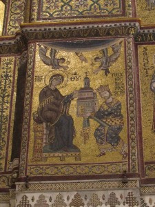 Mosaic of Norman King William II presenting the Monreale duomo