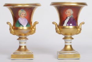 A pair of urns featuring a portraits of George and Martha Washington. Enamel on porcelain, France, c. 1820-1840. Image courtesy of Tony Inson.