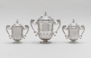Anthony Nelme, Set of three two-handled cups, London, 1713–14 and 1714–15, silver. Photo © Museum Associates/LACMA