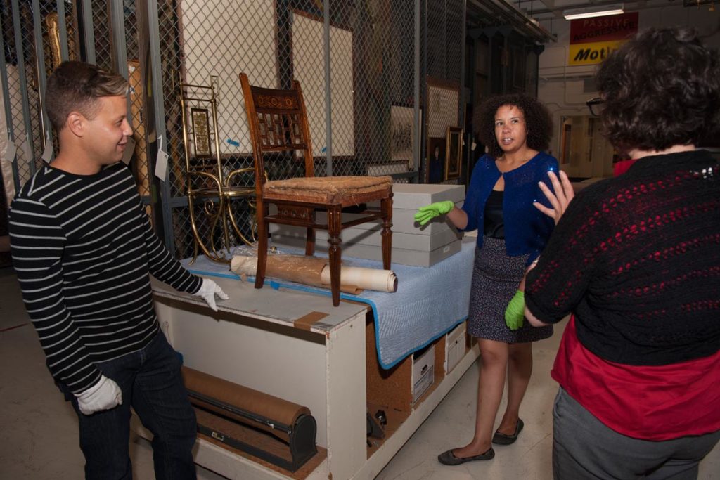 Discussing an Aesthetic Movement Herter Brothers side chair with a Williamstown textile conservator and MWPAI registrar