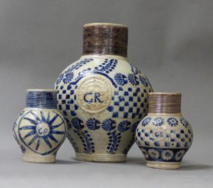 Jugs, Westerwald (present day Germany), ca. 1750, stoneware, decorated with “GR” cyphers for Georgius Rex (Latin for George the King.) All photos courtesy of the Museum of the American Revolution.