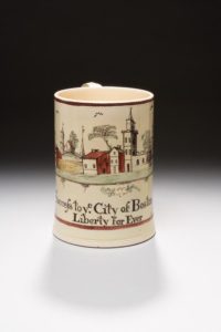 Mug, England, ca. 1775, creamware, inscribed “Success to ye city of Boston, Liberty For Ever”