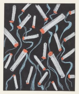 Drawing, Textile Design: Party Ashtray, 1930ñ31; Designed by Donald Deskey (American, 1894ñ1989); White, blue, and orange pastel on black wove paper; 16 x 13.1 cm (6 5/16 x 5 3/16 in.); Cooper Hewitt, Smithsonian Design Museum, Gift of Donald Deskey, 1975-11-20; Photo: Matt Flynn © Smithsonian Institution