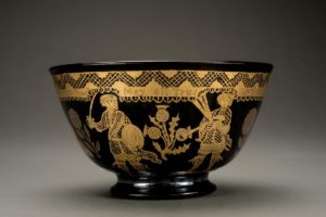 English lead-glazed earthenware Jacobite punch bowl with black glaze and gilt decoration, ca.1766. Purchased with funds provided by Ray J. and Anne K. Groves. Photo by Penny Leveritt.