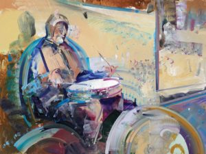 Fig. 3: Uprising Drummer, David Brewster (1960-), 2016, oil on Mi-Teintes, Collection of the Artist. This painting was inspired directly by a photograph in the Uprising Archive that shows a musician who played in the streets during the 2015 marches following the death of Freddie Gray. Photo by John Polack.