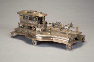 Figure 14. Mule-drawn streetcar model; ca. 1870, silver and gold, by Zimmermann’s Silver Manufactory (New Orleans); The Historic New Orleans Collection, acquisition made possible by the Laussat Society, 2015.0464.20