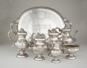 Figure 9. Coffee and tea service presented to Francis H. Hatch; 1861, coin silver, by Terfloth & Küchler (New Orleans); The Historic New Orleans Collection, acquisition made possible by the Diana Helis Henry Art Fund of The Helis Foundation and the Laussat Society of The Historic New Orleans Collection, 2008.0329.2.1-7