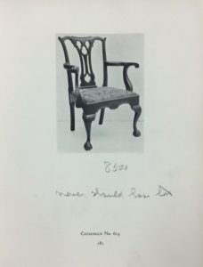 Figure 3. Page from du Pont’s personal copy of the Reifsnyder catalogue. His handwritten note reads, “Never should have lost”, reflecting the disappointment he experienced on failing to win the James Gillingham armchair in the sale room. Courtesy, Winterthur Library