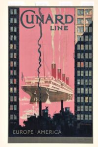 A poster for the Cunard Line by Kenneth Shoesmith, featuring the Aquitania, 1929, color lithograph. Gift of the estate of Francis B.C. Bradlee, 1928, M11215. The Peabody Essex Museum. Courtesy, Cunard. Photo by Bob Packert.