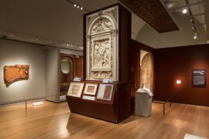 The gallery featuring paneling and architectural fragments from (l-r) the Titanic, the France, and the Olympic. Courtesy, The PEM. Photo by Allison White.