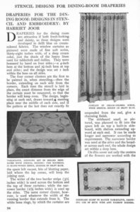 Figure 8. Excerpted page from “Draperies for the Dining Room,” written by Harriet Joor and featuring stenciled textiles designed by Joor. The Craftsman, October 1910, 94–95.
