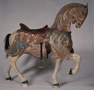Fig. 3. Armoured horse, Solomon Stein (1882–1937) and Harry Goldstein (1867–1945), Coney Island, New York, 1912–1917, paint on wood, with glass eyes, leather bridle, and horsehair tail. American Folk Art Museum, New York. Gift of the City of New York, Department of Parks and Recreation, 1982.4.1. Photo by Gavin Ashworth.