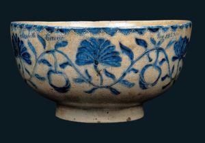 Fig. 2. Punch bowl, attributed to John Crolius Jr. (1755–1841), New York City, 1811, salt-glazed gray stoneware with cobalt decoration. American Folk Art Museum, New York. Gift of Ralph Esmerian, 2005.8.21.  Photo by John Bigelow Taylor.