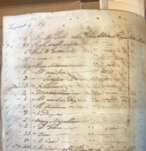 Fig. 4. Ledger entries from August 6, 1859, showing six books of gold leaf, 15 rolls of wallpaper, and several pounds of paint destined for James Gallier Jr.’s Royal Street residence. Photo by the author, courtesy HGGHH.
