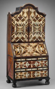 TEJUCA: Desk and bookcase, mid-18th century, Puebla, Mexico, inlaid and painted wood with incised and painted bone and maque. Courtesy the Museum of Fine Arts Boston.