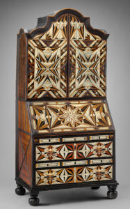 Figure 1. Desk and bookcase, mid-18th century, Puebla, Mexico. Inlaid woods and incised and painted bone, maque, gold and polychrome paint, metal hardware. Museum of Fine Arts, Boston. Henry H. and Zoe Oliver Sherman Fund. 2015.3131.