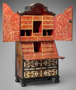 Figure 2. Desk and bookcase, mid-18th century, Puebla, Mexico. Inlaid woods and incised and painted bone, maque, gold and polychrome paint, metal hardware. Museum of Fine Arts, Boston. Henry H. and Zoe Oliver Sherman Fund. 2015.3131.