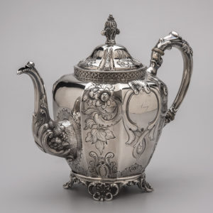 Figure 2. Tea service, Clark & Co., 1852–1860, Augusta, GA. Collection of the Museum of Early Southern Decorative Arts (MESDA), Acc. 5872.1, James H. Willcox Jr. Silver Purchase Fund.