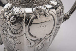 Figure 3. Tea service, Clark & Co., 1852–1860, Augusta, GA. Collection of the Museum of Early Southern Decorative Arts (MESDA), Acc. 5872.1, James H. Willcox Jr. Silver Purchase Fund.
