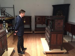 Nick examines a c. 1670 Massachusetts court cupboard in the collection of the Wadsworth Atheneum during a quiet moment of the 2017 Fall Symposium to Hartford.