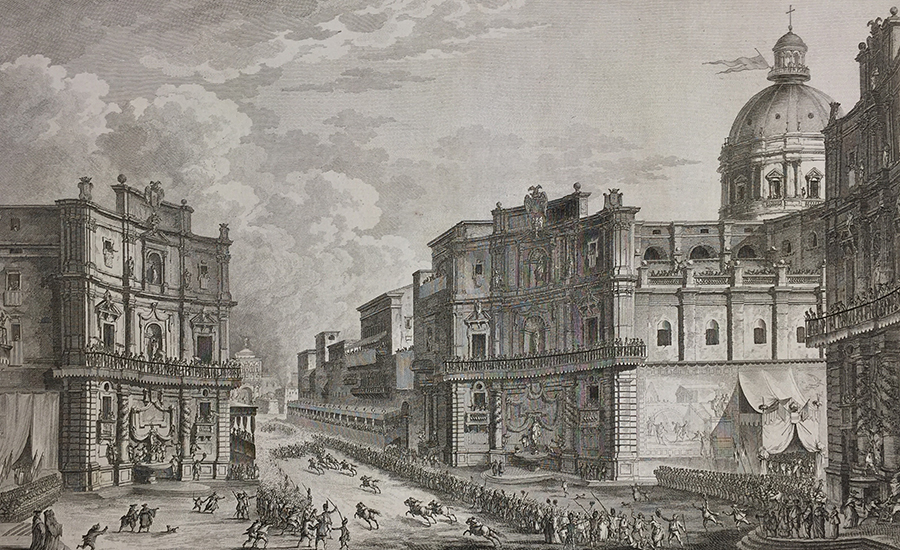 View of one of the Horse Parades for the Feast of St. Rosalie, near the Cathedral of Palermo, Drawn by Desprez, etched by Berthault.
