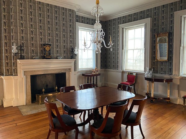 Morris-Jumel Mansion dining room with “Draped Cone” wallpaper