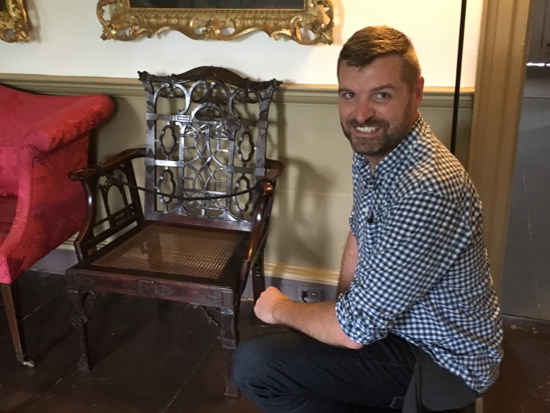 Viewing a Chinese Chippendale chair associated with John Wentworth at the Moffatt-Ladd House & Garden, Portsmouth, NH