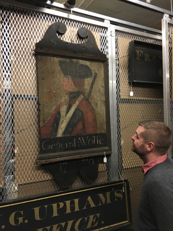 Viewing an 18th century tavern sign (1976.027) at the New Hampshire Historical Society, Concord, NH
