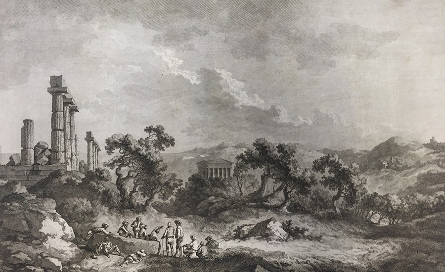 View of the Ruins and Antique Monuments in the vicinity of Agrigento, drawn by Chatelet, engraved by Allix.