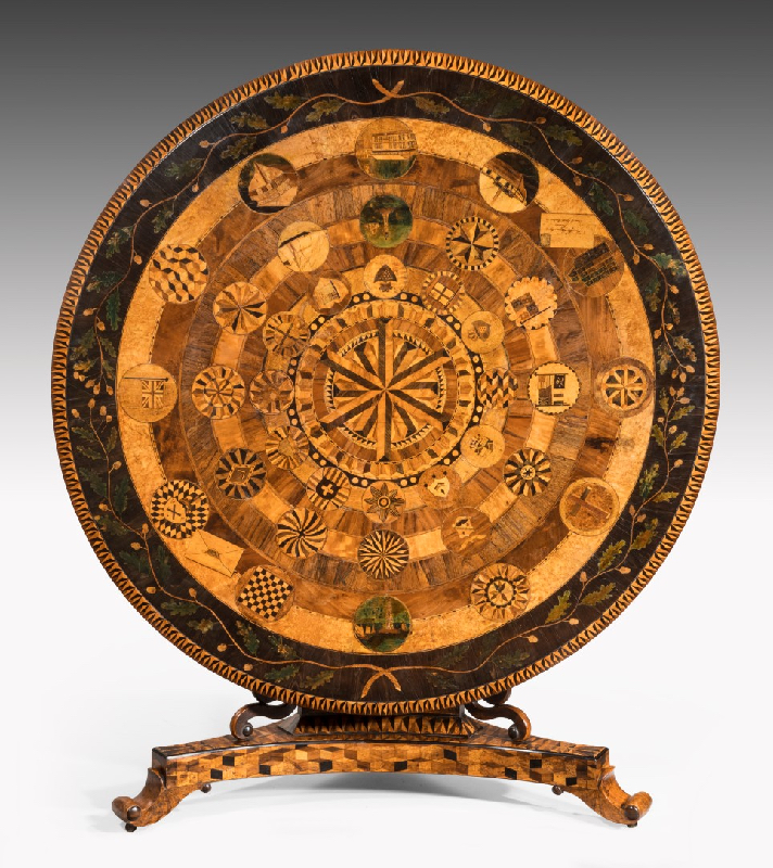 Catherine Doucette will research 19th-century Turnbull tilt-top table. Pictured: Ralph Turnbull, center table, 1846–1851, Kingston, Jamaica. Rosewood, ebony, birdseye maple, sabicu, satinwood, padouk, lacewood, palm wood, amboyna, mahogany, oak. Museum of Fine Arts, Boston. Photo Courtesy of Thomas Coulborn & Sons Ltd.