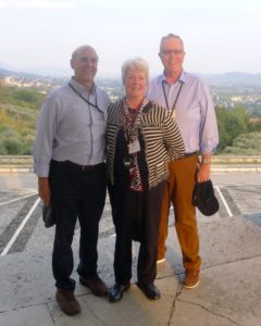 Jim and Molly Weaver and Jim Gray outside the Temple of Canova, located on a hilltop in Possagno in the Italian Province of Treviso.