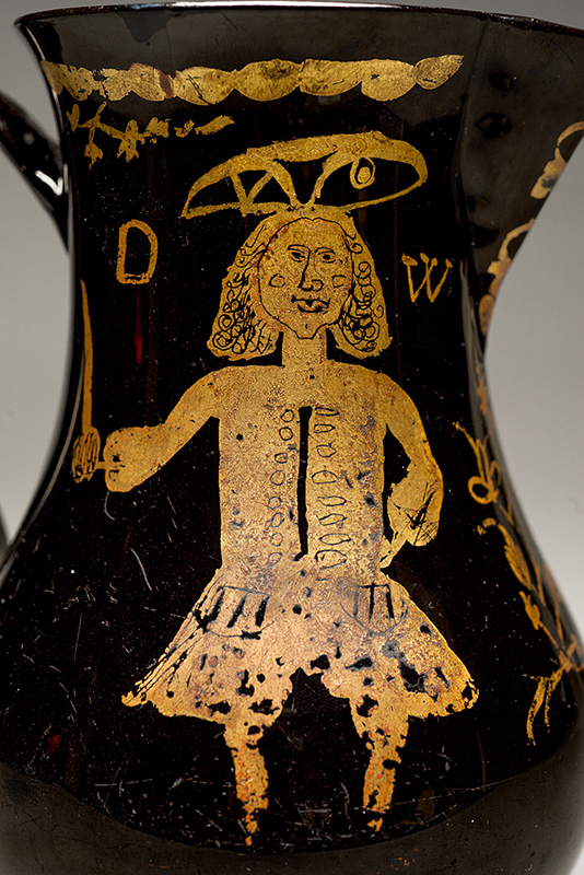 Detail of Jug, c. 1765, United Kingdom; Great Britain: England; Staffordshire. Ceramic: black, lead-glazed red earthenware (lead glaze colored with manganese); cold gilding. Groves Fund for Curatorial Support, HD 2018.5.