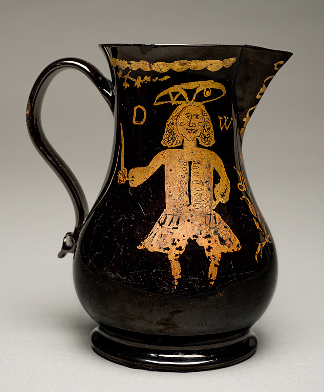 Jug, c. 1765, United Kingdom; Great Britain: England; Staffordshire. Ceramic: black, lead-glazed red earthenware (lead glaze colored with manganese); cold gilding. Groves Fund for Curatorial Support, HD 2018.5.