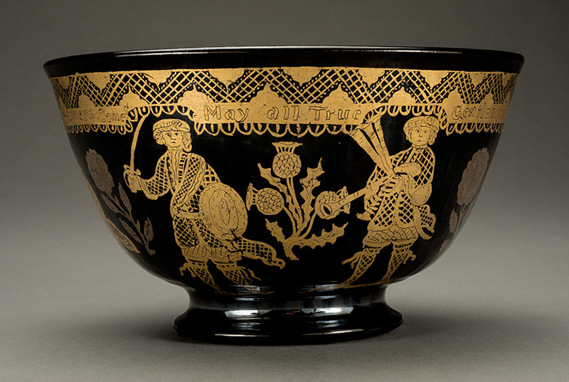Punch bowl, c. 1766, United Kingdom; Great Britain: England; probably Staffordshire. Ceramic: lead-glazed red earthenware with black glaze (blackware); decorated in gold and silver. Museum Purchase with funds provided by Ray J. and Anne K. Groves, HD 2014.3.