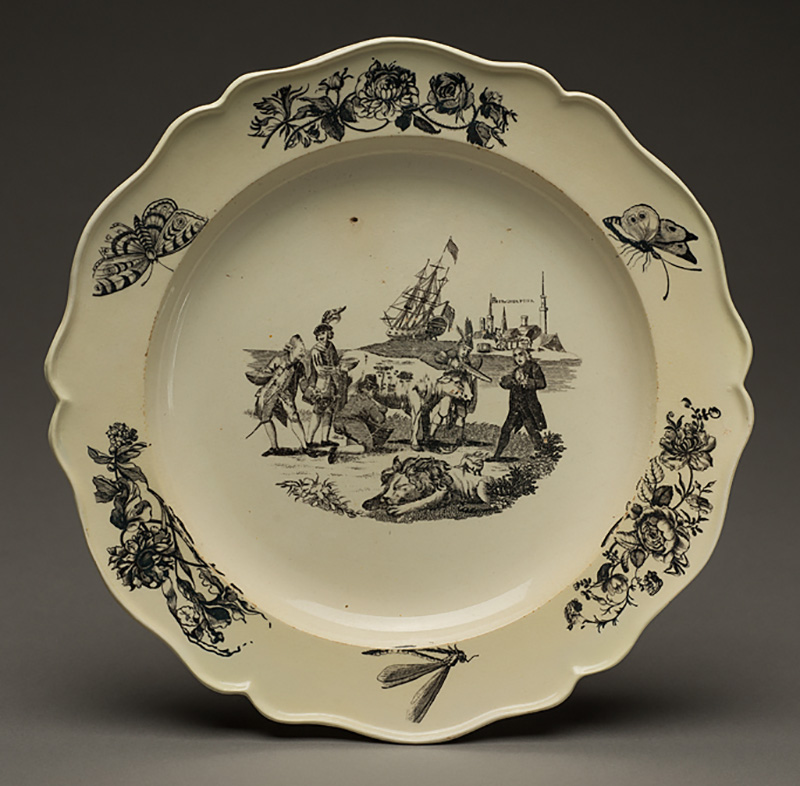 Plate, c. 1780, United Kingdom; England; Staffordshire (manufactured) and Liverpool (printed). Ceramic: lead-glazed refined earthenware (creamware) with overglaze black enamel. Museum purchase with funds provided by Ray J. and Anne K. Groves, HD 2009.24.
