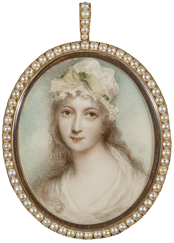 Figure 10. Anne Mee (British, c. 1770-1851), Henrietta Ponsonby, Countess of Bessborough, c. 1795. Watercolor on ivory, frame with pearls. 74.654.
