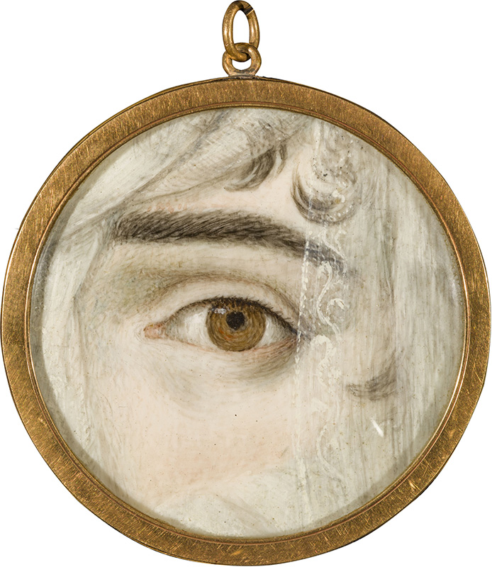 Figures 12 (front) and 13 (reverse). French, Eye of a Woman, Possibly Aimee De Brueys, c. 1810. Oil on ivory, mounted with gold and hair; 2 1/4 inch diameter. New Orleans Museum of Art, Gift of Mrs. Emile N. Kuntz and the Family of Emile N. Kuntz, 82.277.