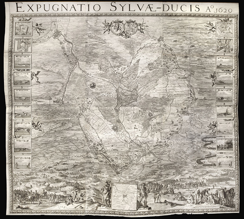 Niels, Theodoor; Saverij, Salomon [engraved figures after]; Venne, Adriaan van de; Berckenrode, Balthasar Florensz van. H.J. Van Wouw, Publisher. Expugnatio Sylvae-Ducis Ao 1629. 1631, Amsterdam. Engraved map.