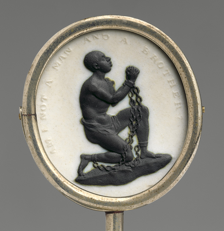 Figure 4. Josiah Wedgwood (manufacturer) and William Hackwood (modeler), Antislavery medallion, c. 1787, Burslem, Stoke-on-Trent. Jasperware. Gift of Frederick Rathbone, 1908 (08.242).