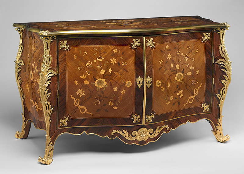 Figure 5. Pierre Langlois, Commode, c. 1764. Pine and oak with marquetry of satinwood, kingwood, and other woods on a mahogany ground; gilt bronze. Fletcher Fund, 1959 (59.127).
