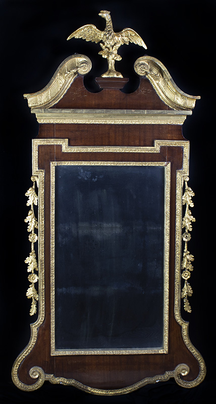 Figure 5. Mahogany mirror with a gilded eagle finial, 1760-1770, New England. Mahogany, white pine, gilt gesso, mirror glass.
