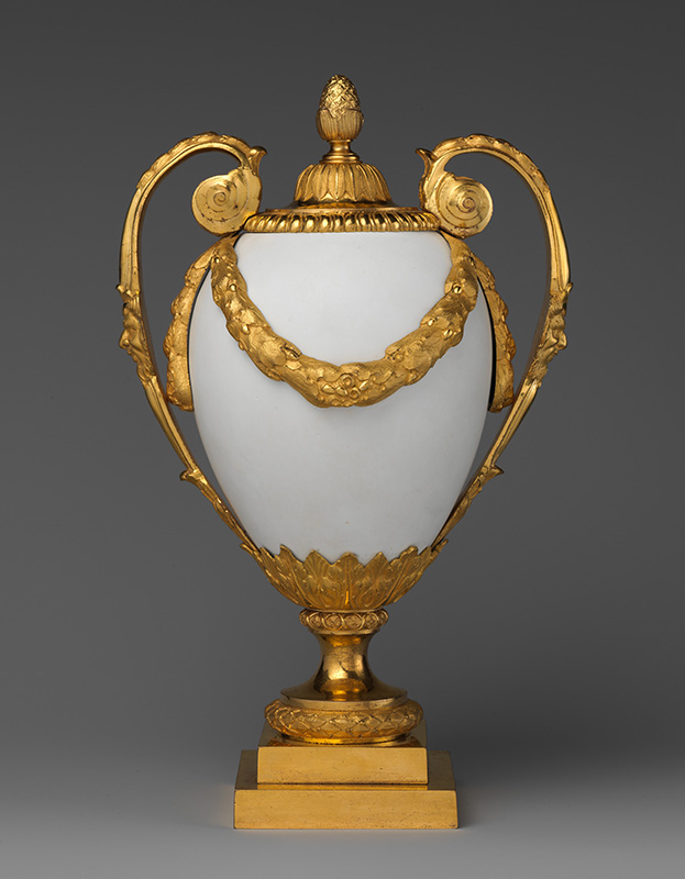 Figure 6. Designed by Matthew Boulton, Glass by James Keir, Assembled by Boulton & Fothergill, Vase, c. 1772. White opaque glass, gilt-bronze mounts. Purchase, From the Marion E. and Leonard A. Cohn Collection, Bequest of Marion E. Cohn, by exchange, 2017 (2017.4).