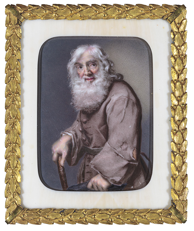 Figure 7. Rupert Barber (Irish, 1719–1772), William Thompson, The Beggar of Dublin, Aged 114, 1744. Enamel, chiseled ormolu laurel frame with ivory mat. 74.396.